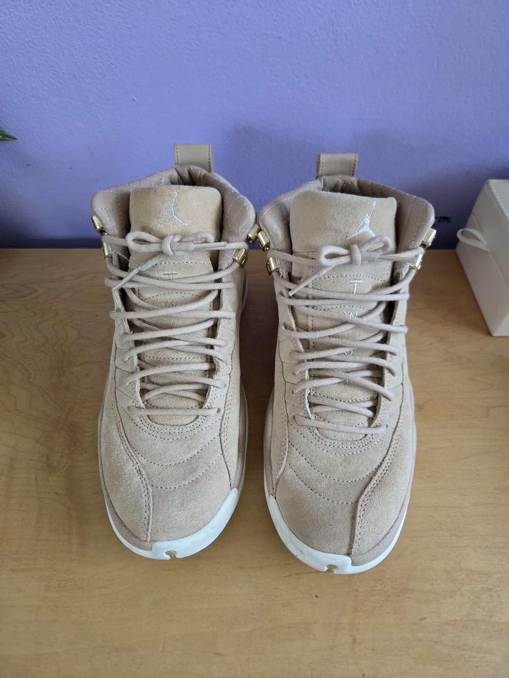 Jordan High-Top Sneakers in Tan Suede with Gold Accents